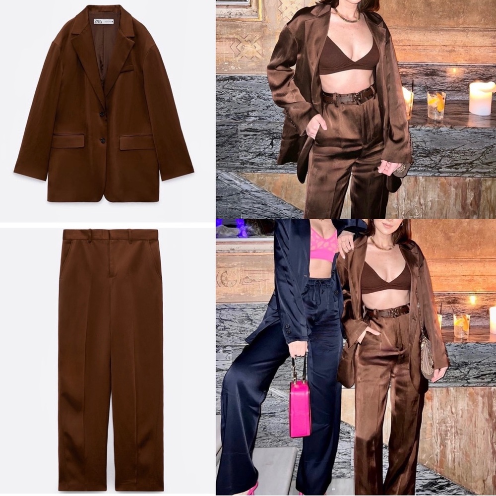 Zara NWT 2 piece satin blazer & pants trouser suit set - chocolate brown color